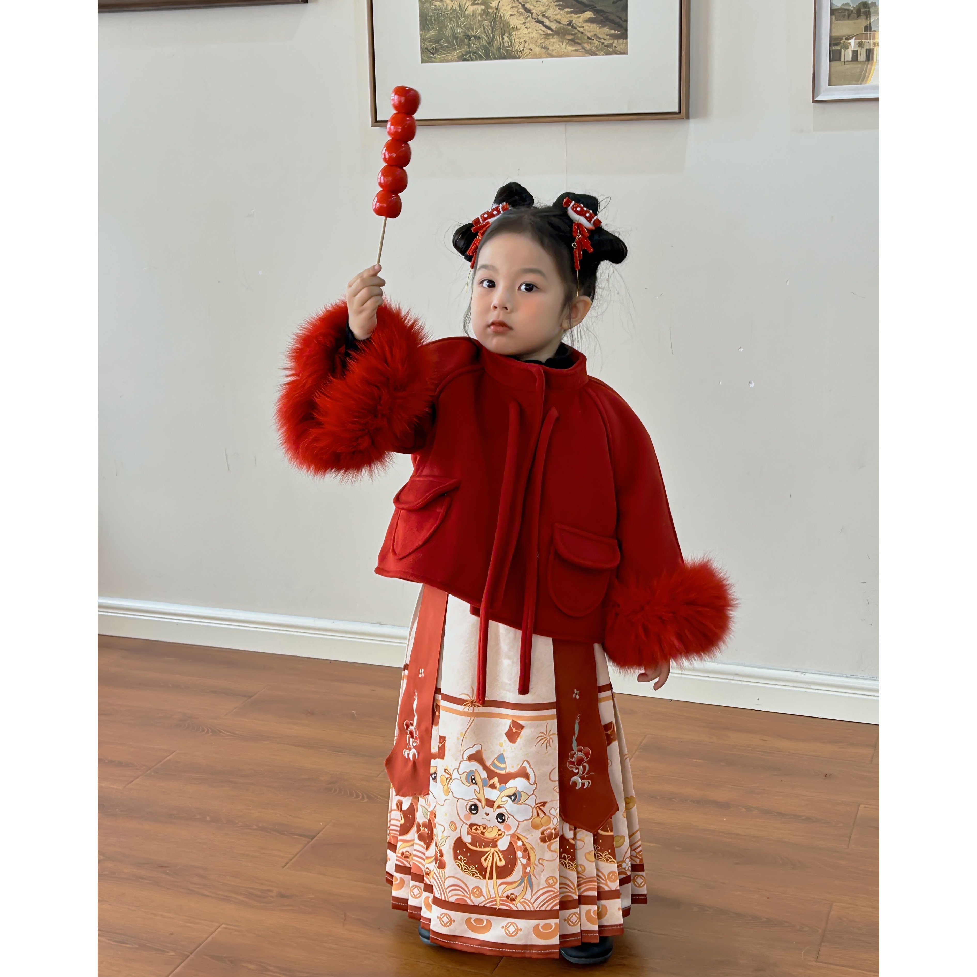 童装女童冬季中国风套装女宝宝红色毛呢外套杏色马面裙两件套