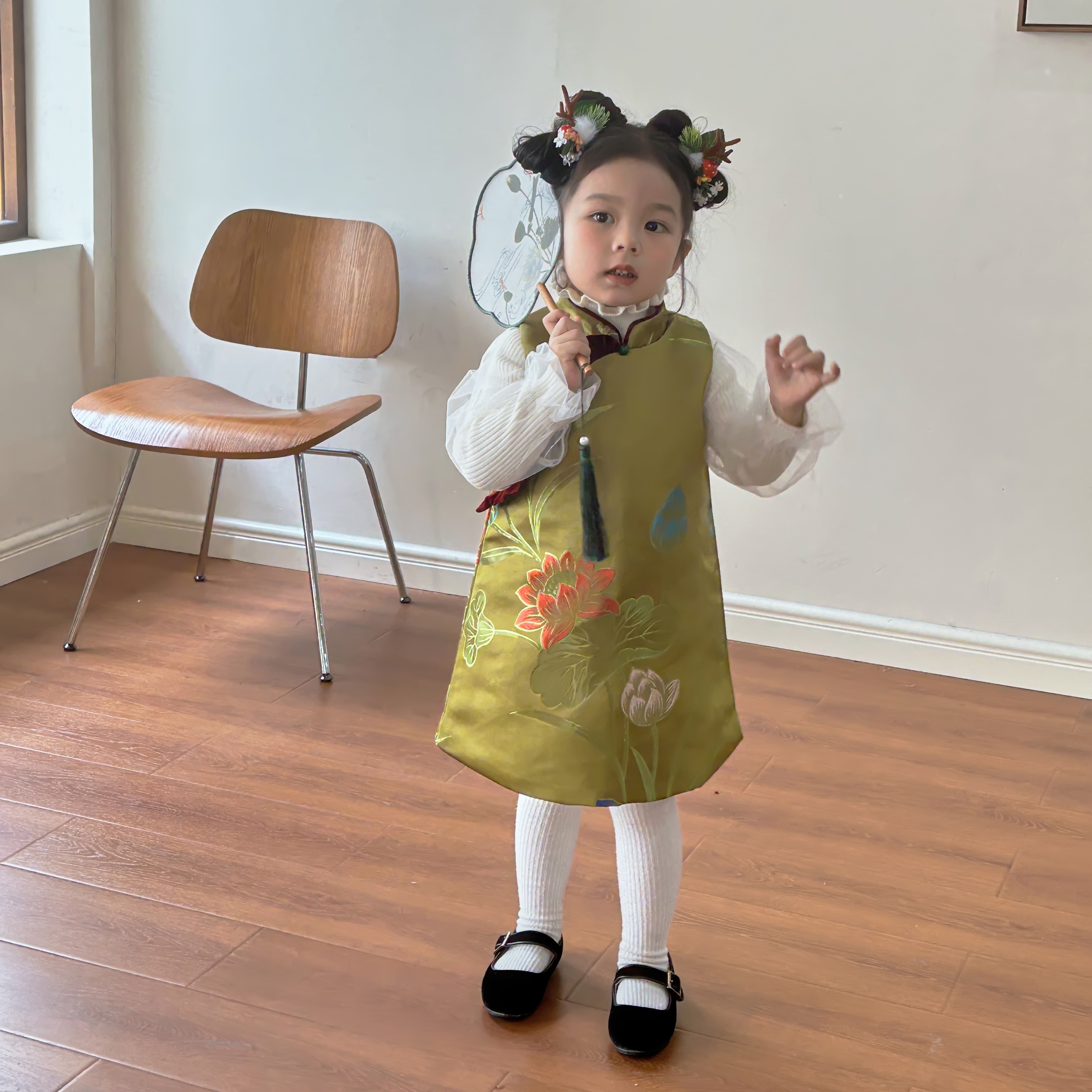 童装女童新中式旗袍裙冬季新款洋气加厚印花连衣裙绿色背心裙