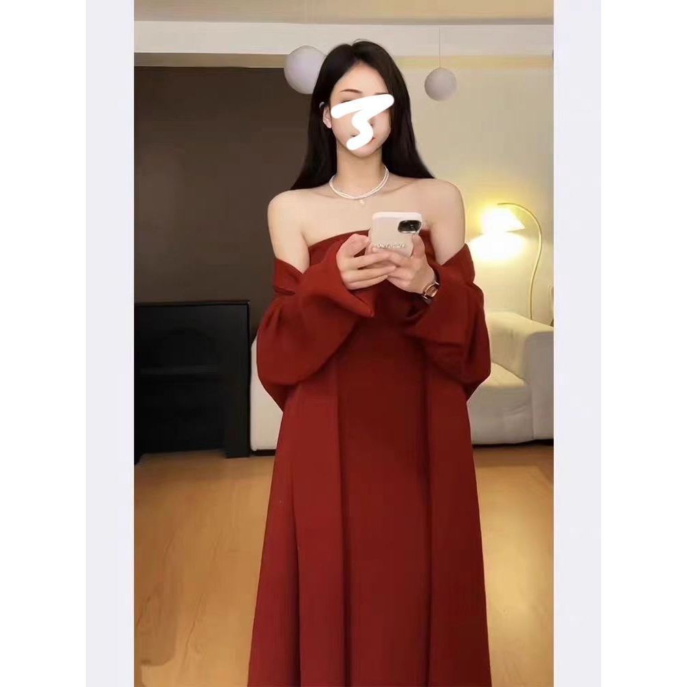 浩絮港风复古包臀开叉抹胸针织连衣裙加厚中长款针织开衫套装