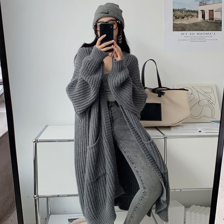 A浩絮2023年秋冬季韩版慵懒风中长款毛衣外套女宽松长袖针织开衫
