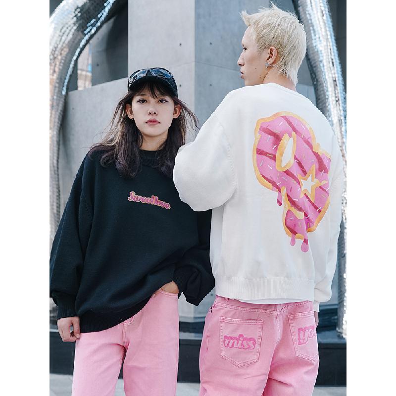 Oldgreen美式圆领针织毛衣男女冬季复古宽松休闲情侣套头针织衫