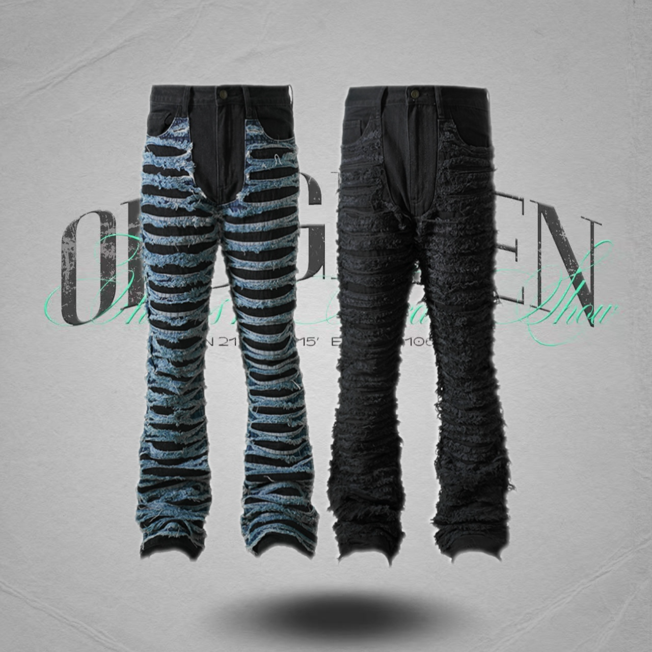 OLDGREEN 糜烂手工时尚秋冬高腰潮流牛仔裤