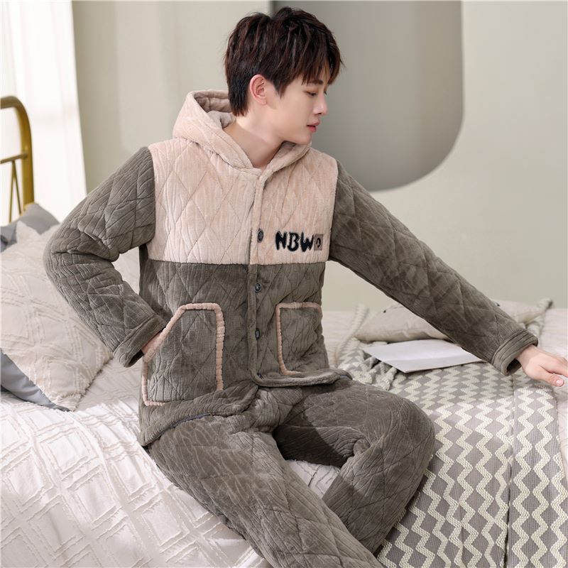 冬天新款特厚睡衣男士加绒加肥保暖加厚款可外穿睡衣时尚青年
