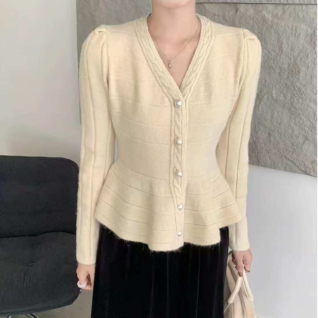 小香风气质针织短款加厚毛衣秋冬新品百搭泡泡袖小众百搭上衣8180