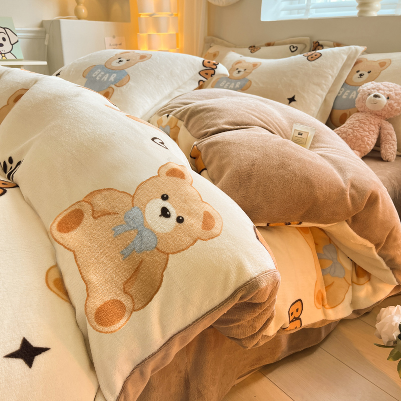 冬季牛奶珊瑚绒床上四件套卡通儿童被套法兰绒床笠床单加绒三件套