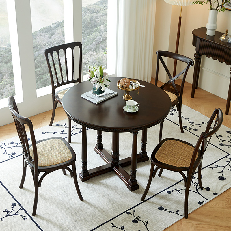 美式简约实木小户型家用圆桌复古餐桌椅组合法式饭桌餐厅家具桌子