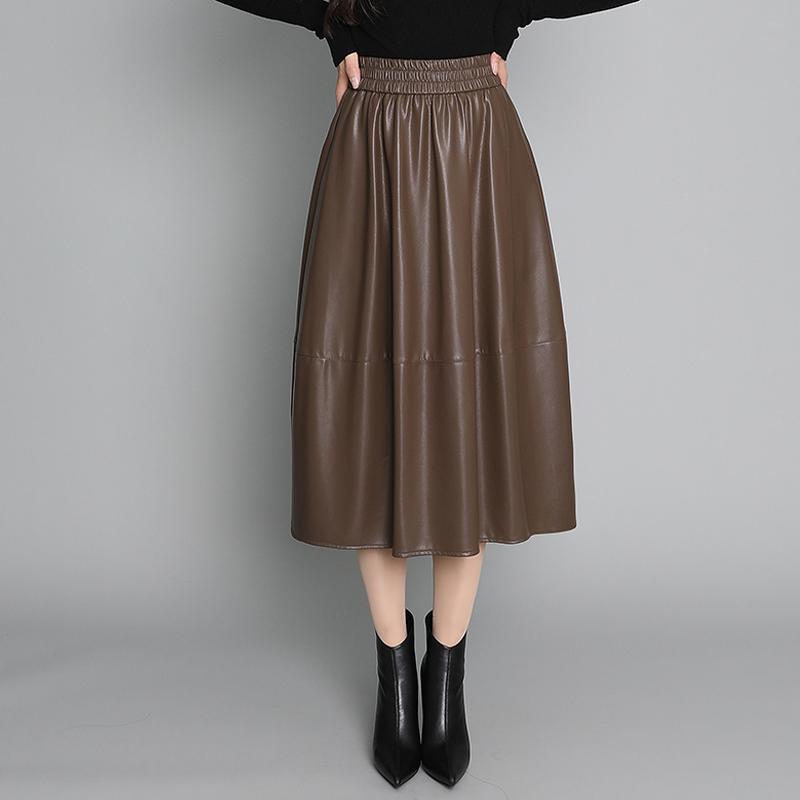 PU皮裙半身裙女大摆长裙高腰显瘦花苞灯笼裙2024秋冬a字蓬蓬裙子