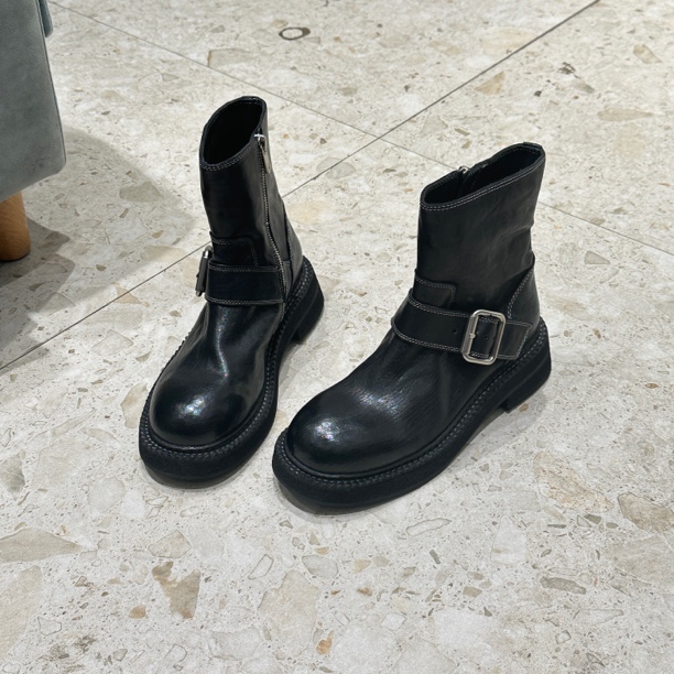 特批里外全马皮水洗缩纹马皮短靴圆冬粗跟瘦瘦