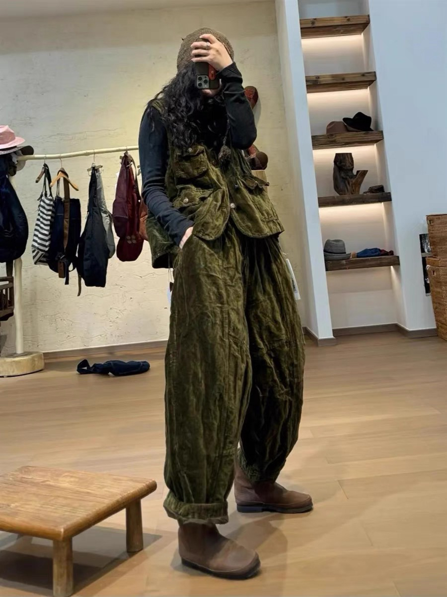 衣牧了然原创设计百搭金属丝工装多口袋双层马甲套装（裤子，马甲