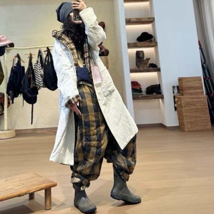 忆古朴拙240609撞色毛圈色织雨露麻中长款白色棉服棉衣