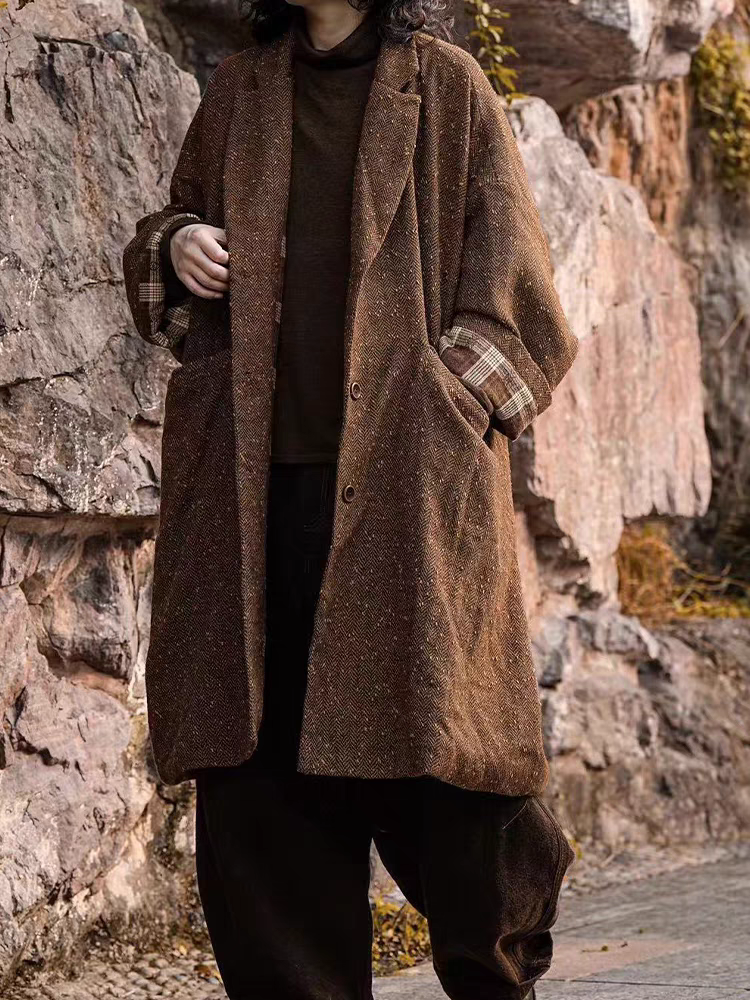 疯子张24秋款双层宽松小翻领复古中长款肌理感外套#08352