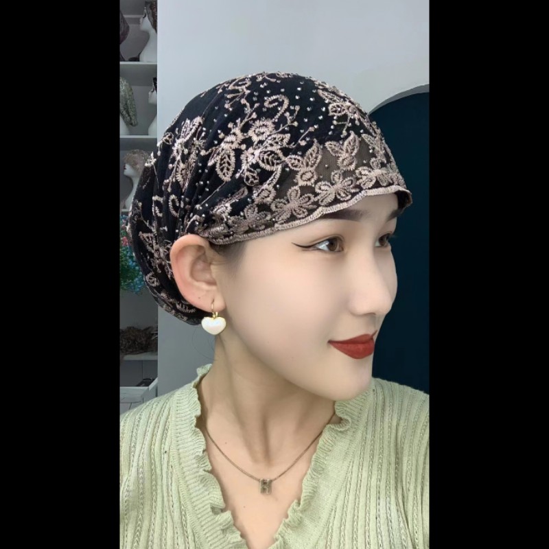 2023新款网纱刺绣包头帽时尚弹力松紧套头遮发帽春夏薄款纱巾帽