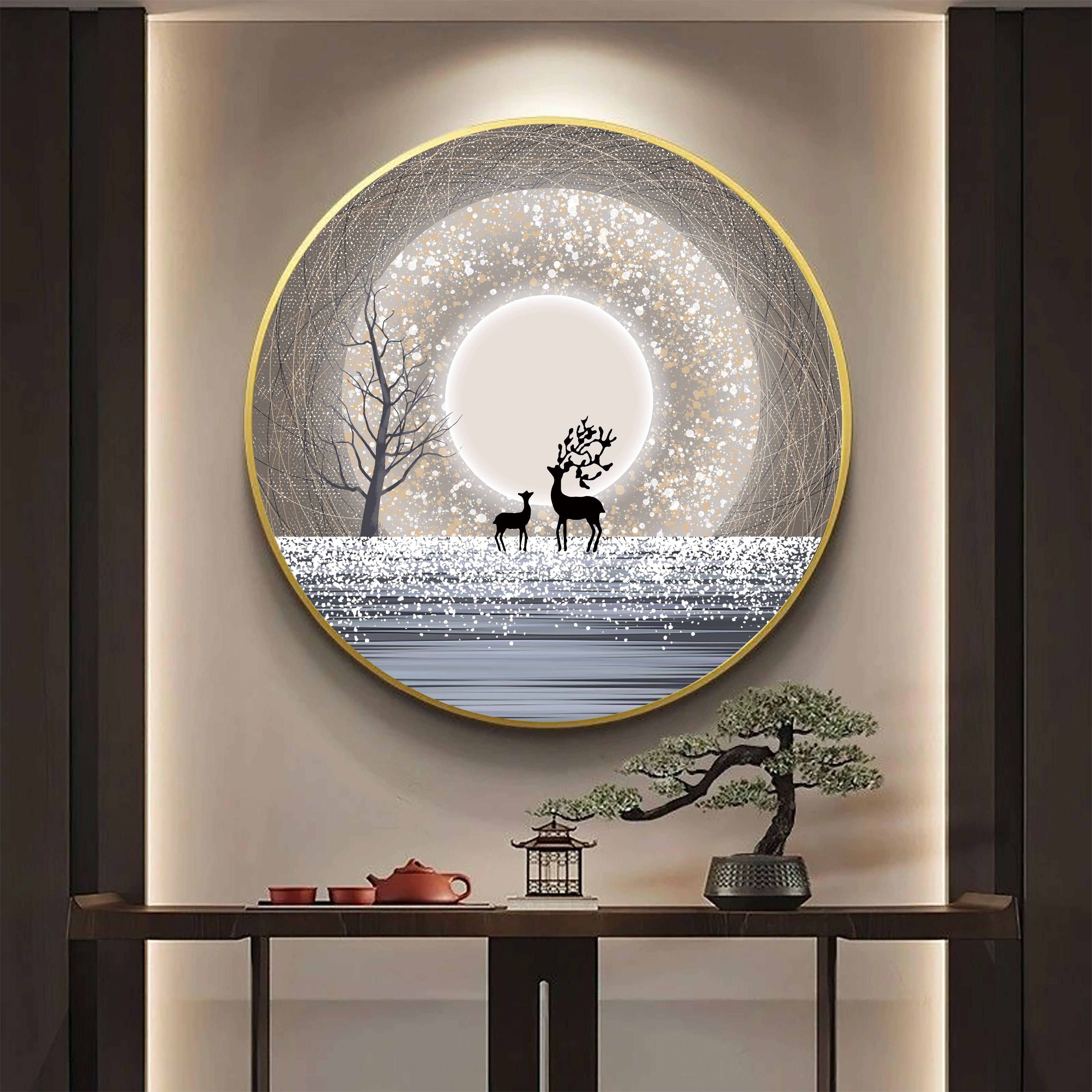 轻奢入户玄关装饰画圆形画进门柜上挂画高档简约客厅走廊过道壁画