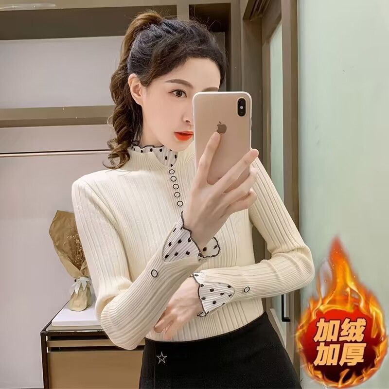 秋冬百搭加厚一体绒打底衫上衣2023新款蕾丝拼接半半高领网红洋气