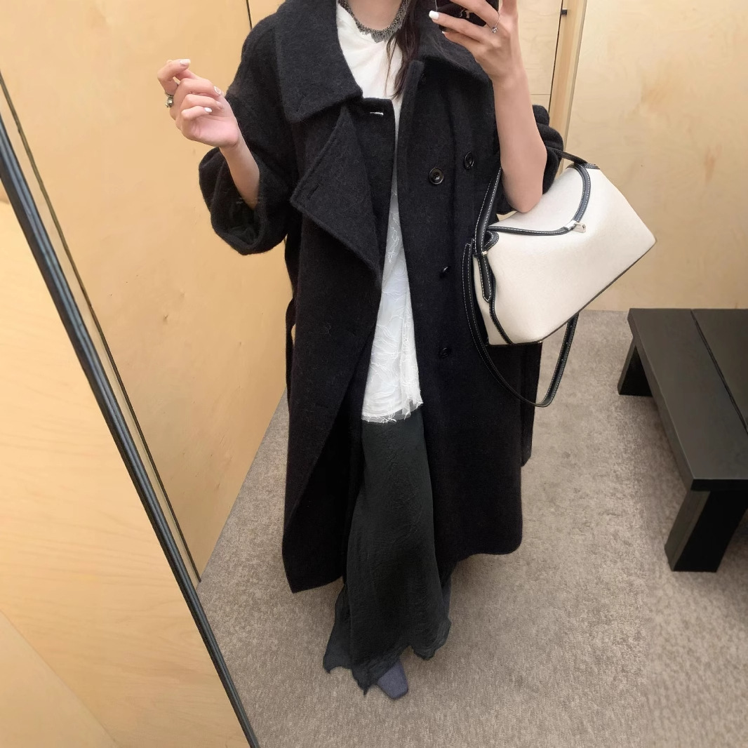 LEM羊毛毛呢长款大衣女系带收腰浴袍呢子大衣*幂翻领老钱复古风