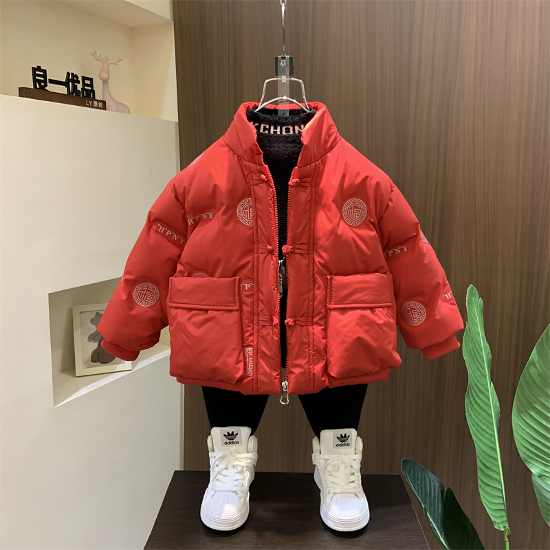 唐装拜年羽绒服宝宝冬季红色外套汉服男童中式棉服小孩过年服帅气