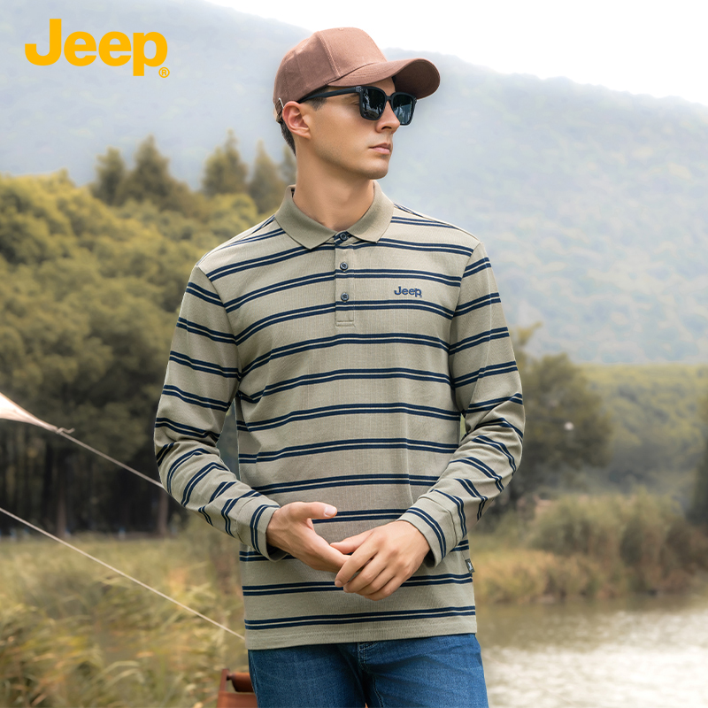 JEEP/吉普秋冬纯棉男宽松翻领百搭上衣条纹时尚舒适长袖POLO衫