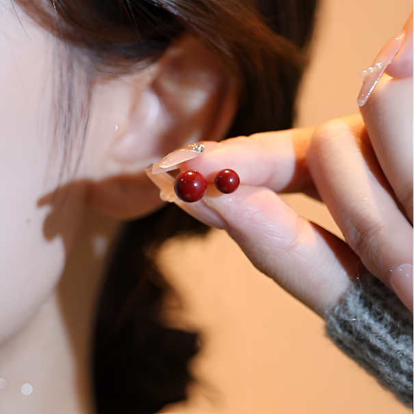 含辰砂工艺品925银针本命年红色耳钉必备手工耳钉百搭不挑人zb