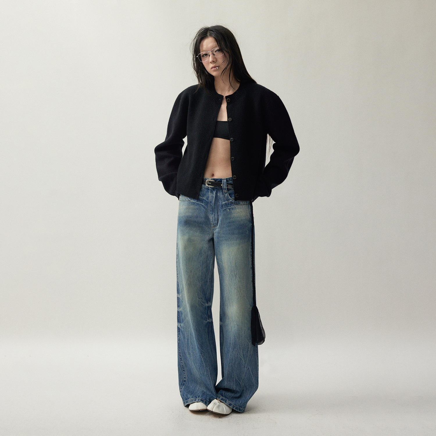 VERMO 印刷天真 复古做旧洗水 手工印花直筒堆脚休闲牛仔裤v7681