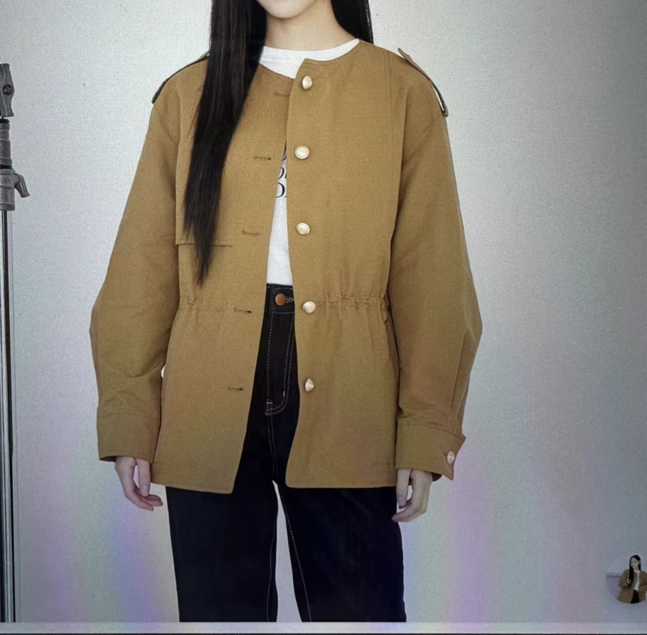 锦诺韩系高端纯圆无领收腰简约时尚中款风衣外套