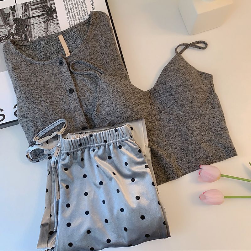 2023年新款网红睡衣女春秋季三件套长袖带胸垫吊带家居服女士套装