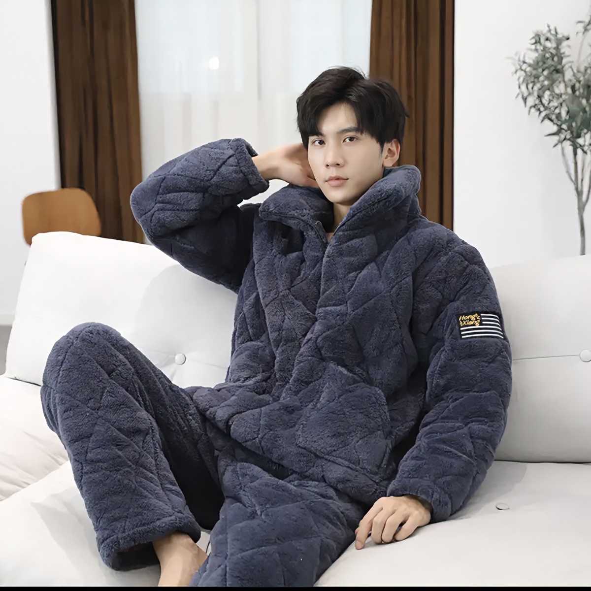 男士拉链三层夹棉冬款家居服保暖加厚套装男士睡衣冬款加厚加绒