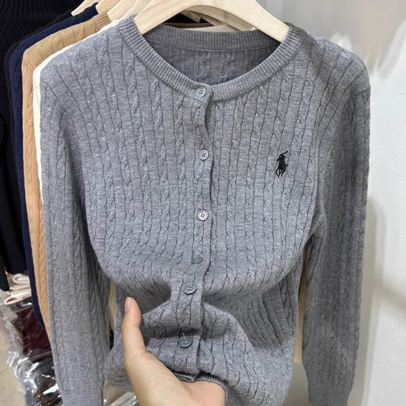 小马刺绣针织开衫女春秋2025年新款灰色麻花毛衣外穿上衣