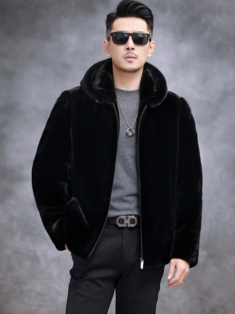 【坦阔皮草】宝嘉美黑色水貂男款riri拉链桑蚕丝男士连帽貂皮外套