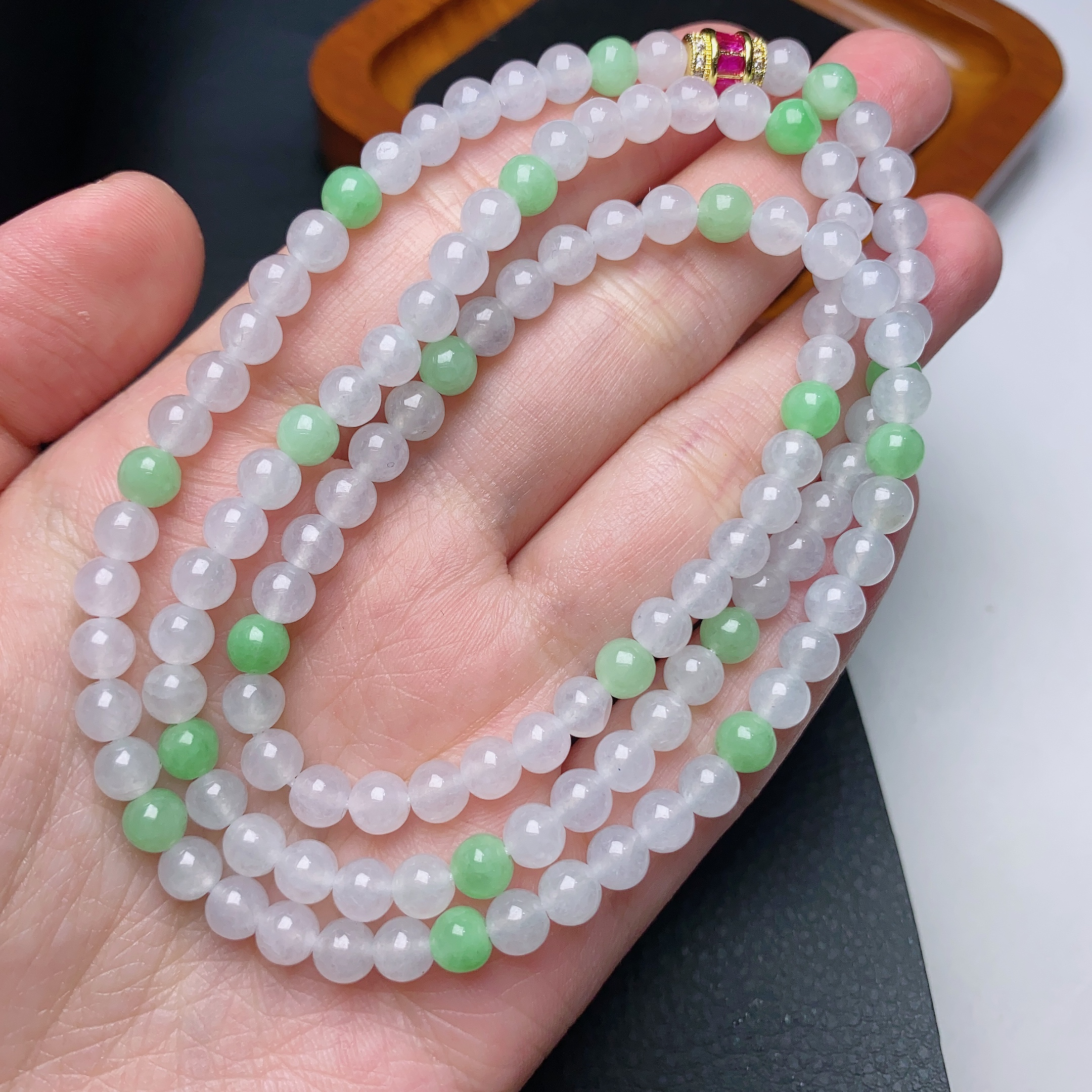 缅甸天然翡翠A货冰种双彩白加绿项链卡5.8mm长链时尚