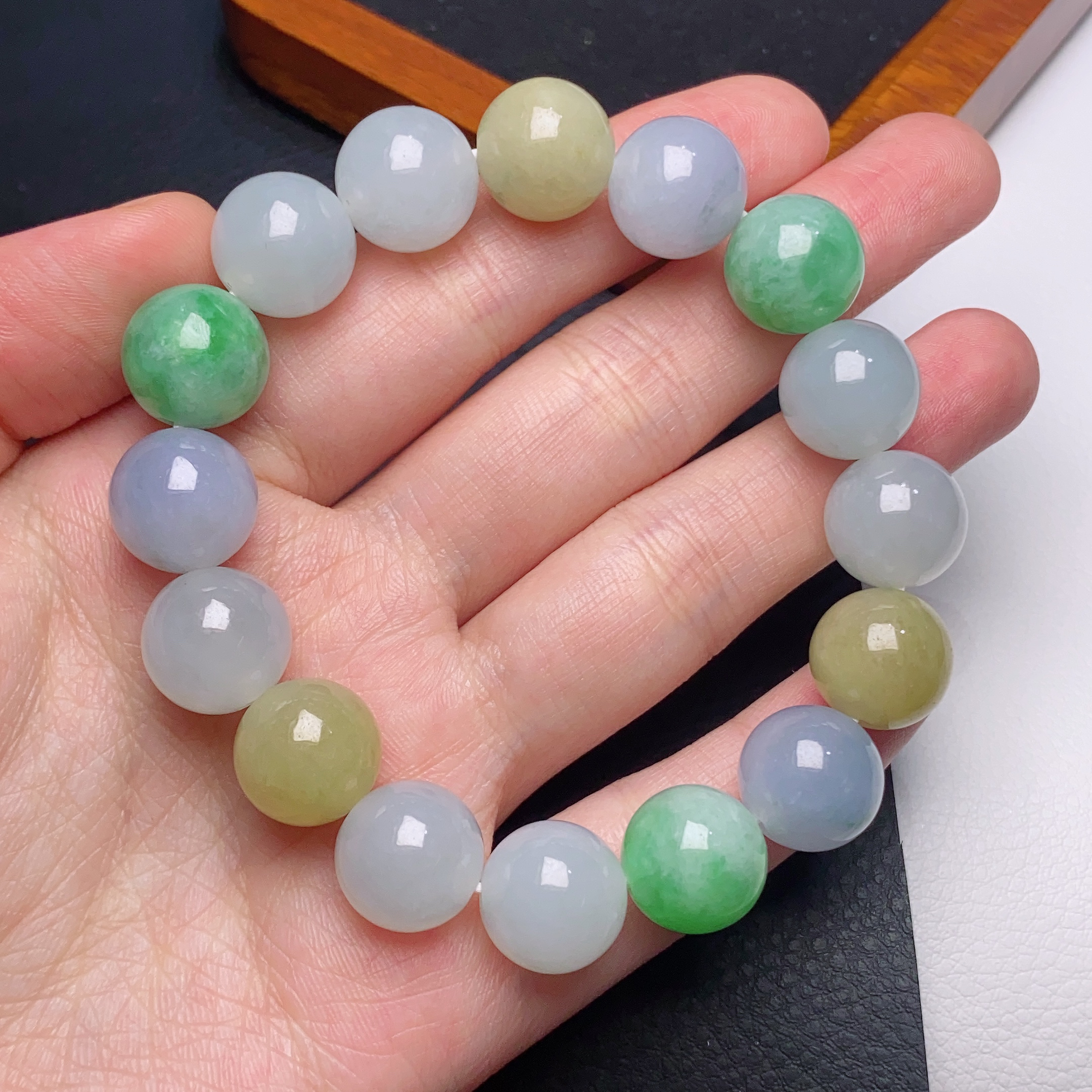 缅甸翡翠a货冰种大卡多宝圆珠手链卡12.6mm彩色糖果色