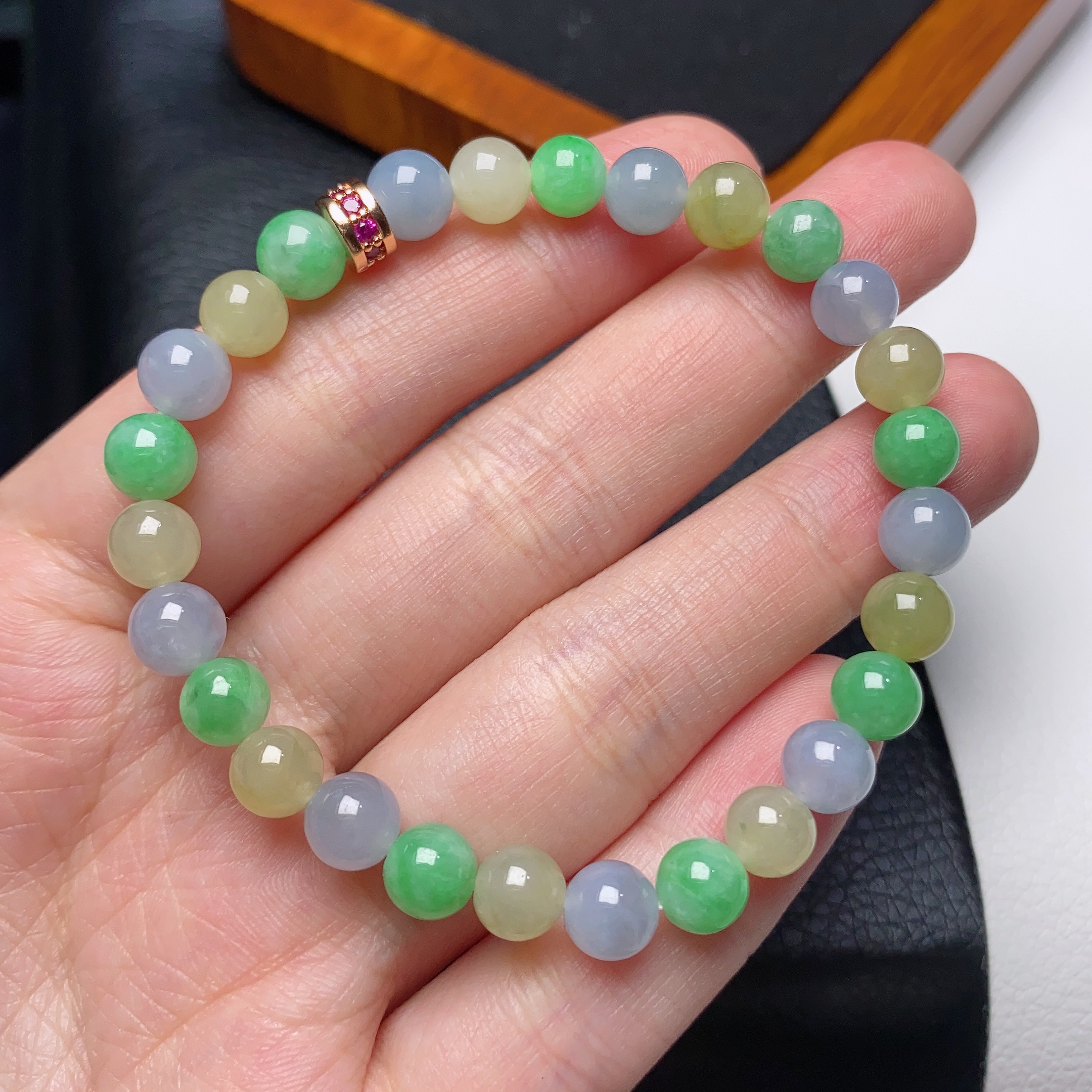 缅甸翡翠a货多宝马卡龙圆珠手链卡6.5mm素圈彩色女款