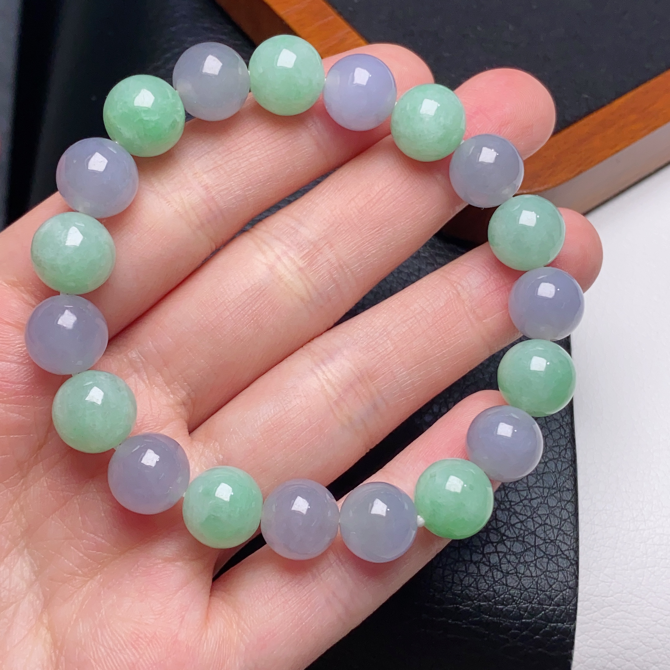 缅甸翡翠a货紫加绿圆珠手链卡10mm女款气质