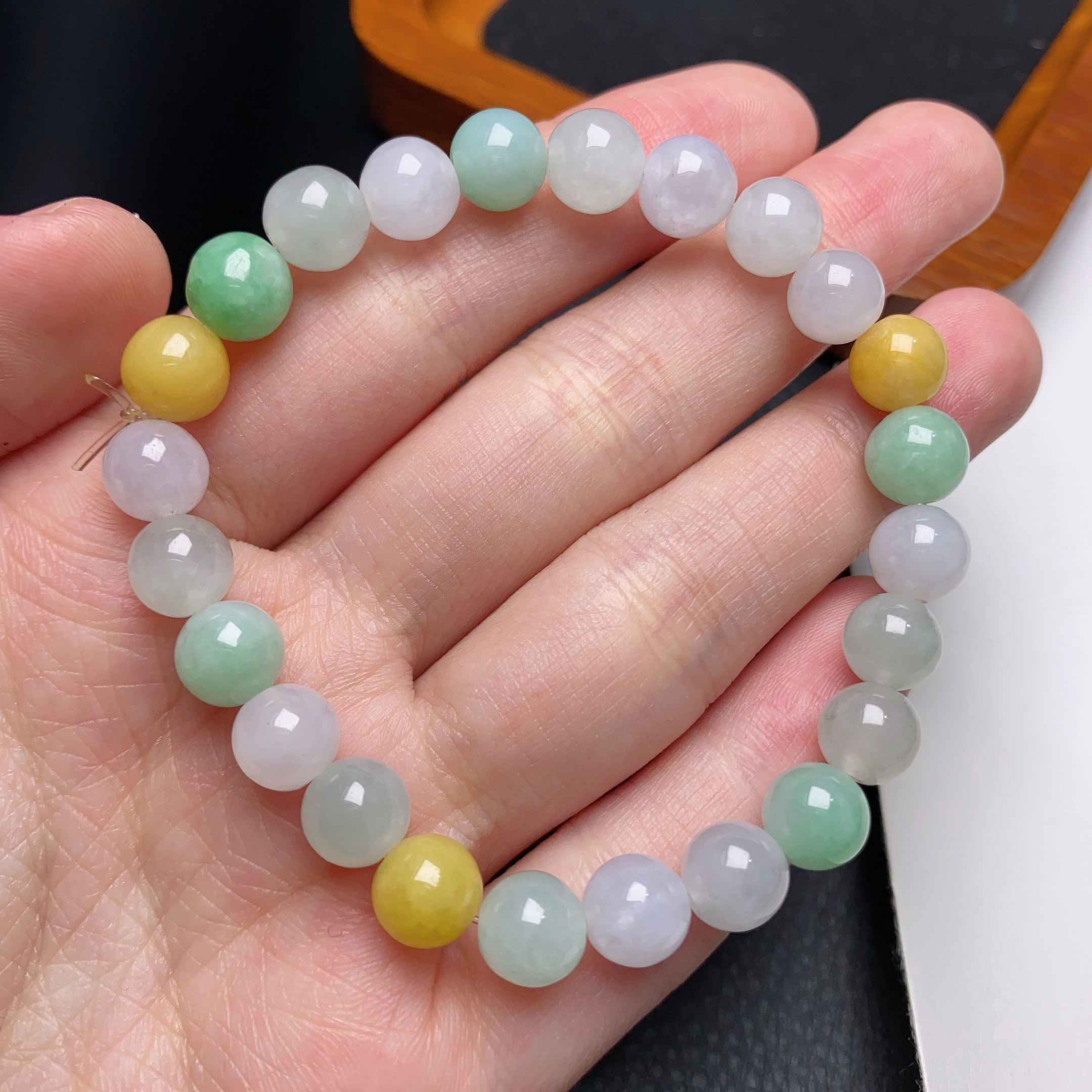 缅甸天然翡翠A货冰种多宝圆珠手链卡8mm糖果色彩色