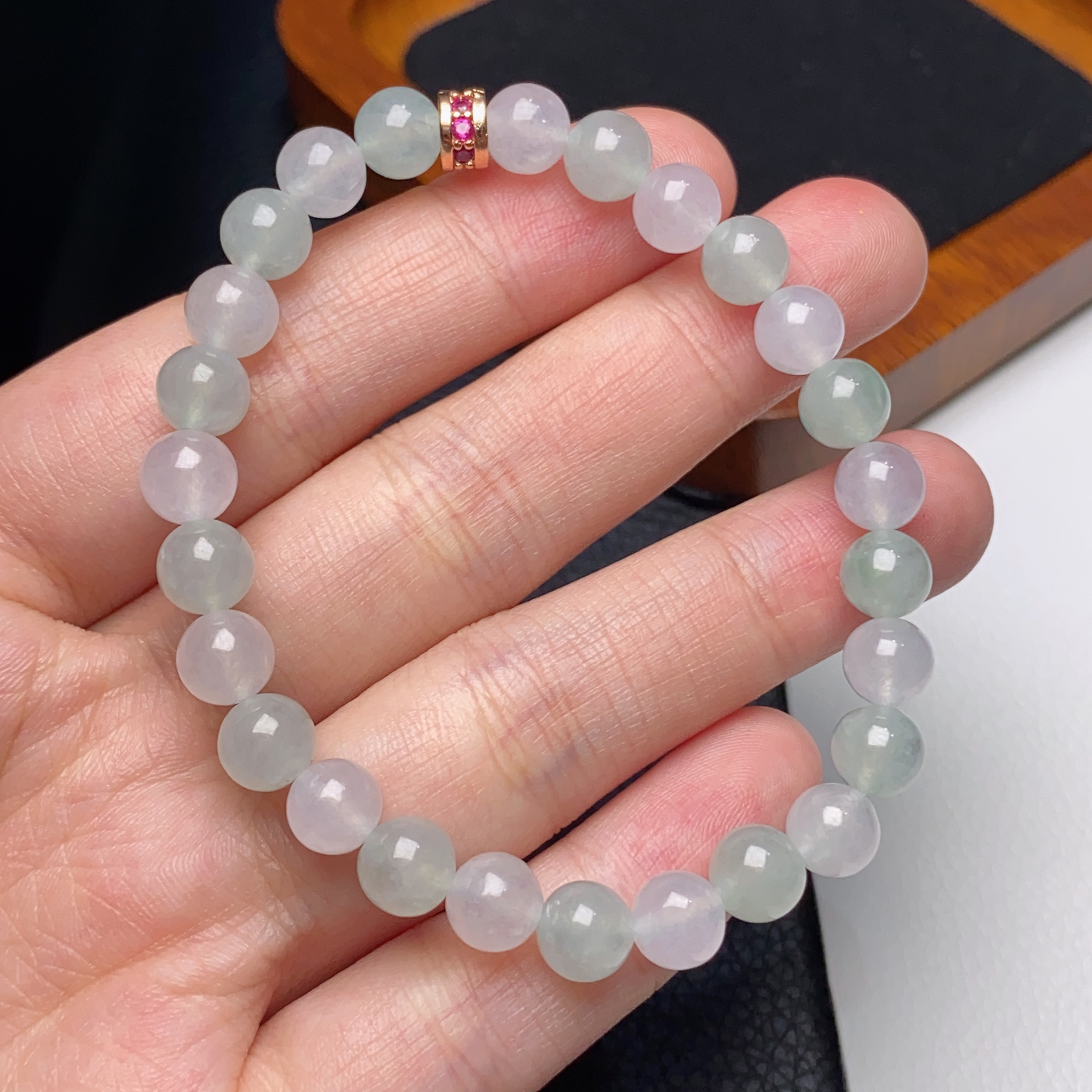 缅甸翡翠a货冰种马卡龙圆珠手链卡7mm闺蜜素圈轻奢