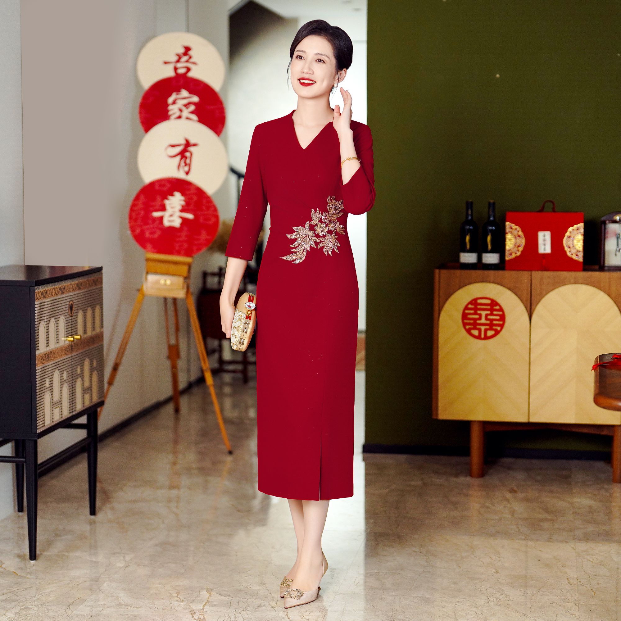 55430喜婆婆婚宴装婚礼妈妈中式礼服女春装高贵丈母娘旗袍连衣裙