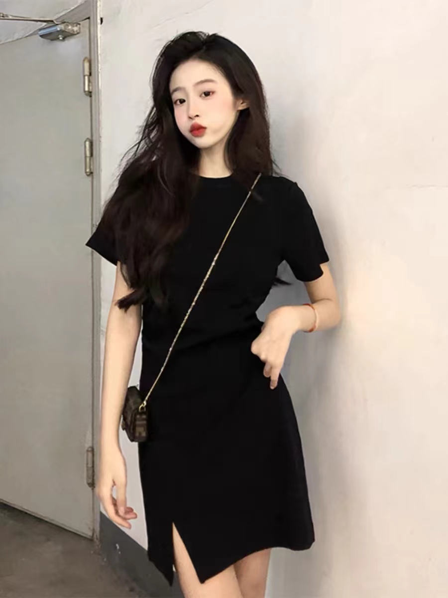 黑色小个子连衣裙收腰包臀开叉小黑裙B13-12(以直播间实物为准)
