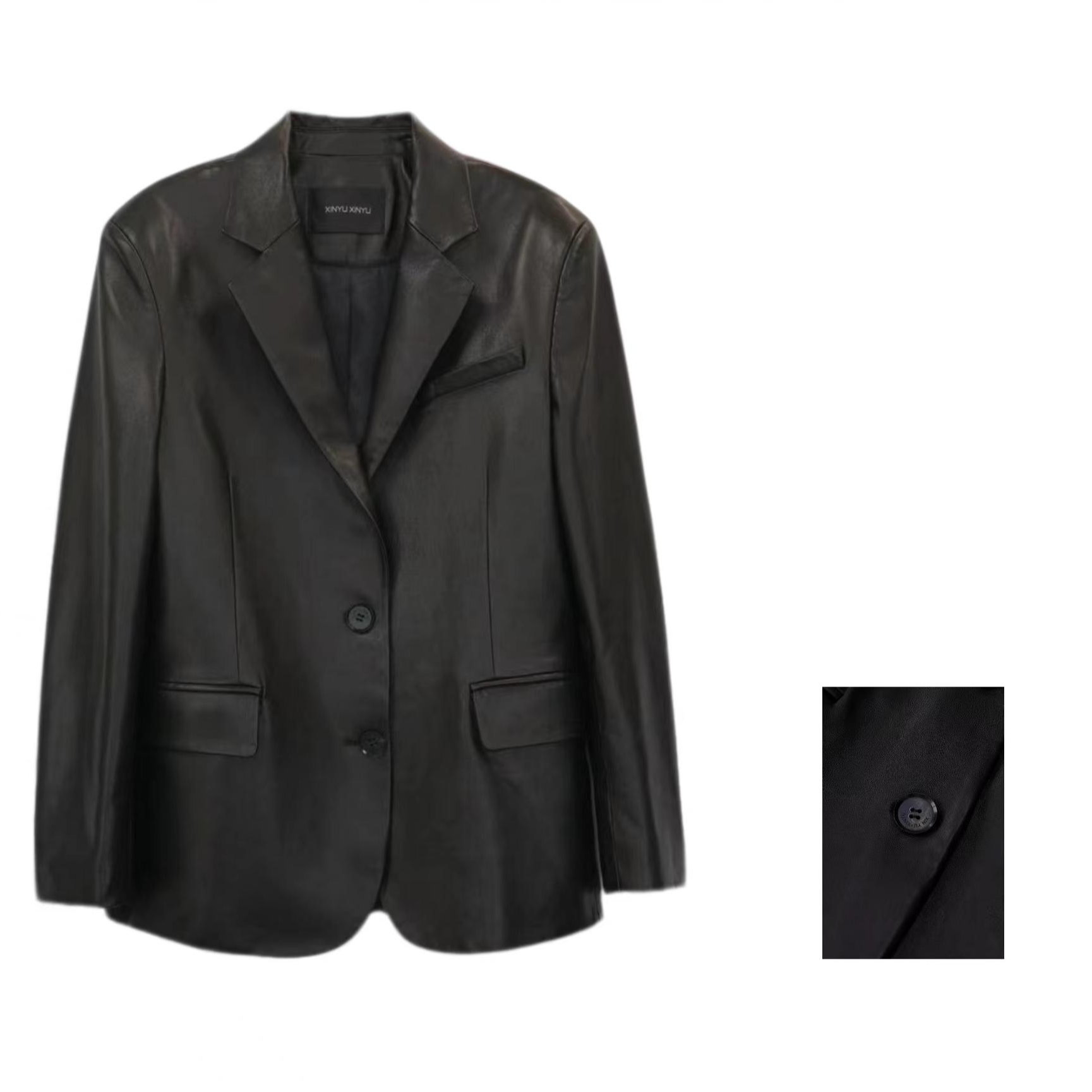 Syr【汝上春奕】100绵羊皮西装皮衣外套31024气质时尚西装外套女