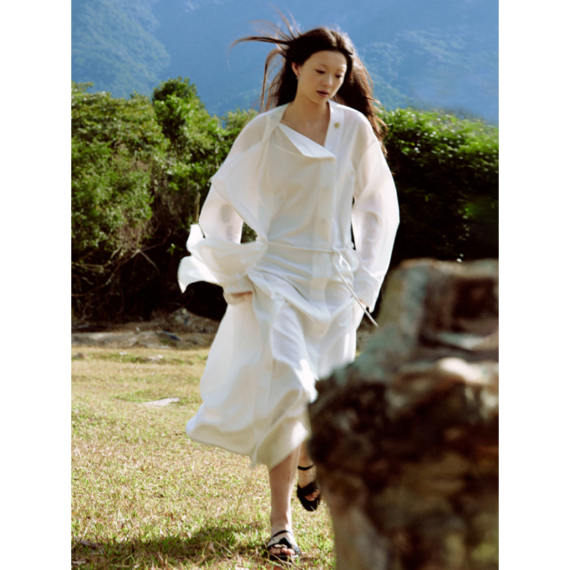 早春慵懒感不规则斜门襟设计感长款搭片连衣裙