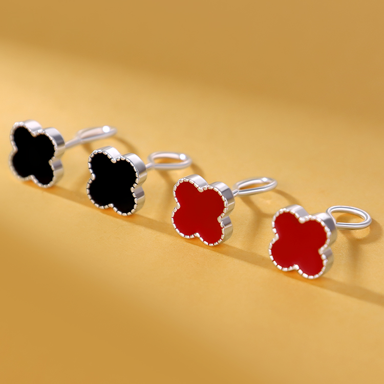 足银耳饰 999纯银耳钉女四叶草设计气质简约个性时尚弯钩免摘耳饰