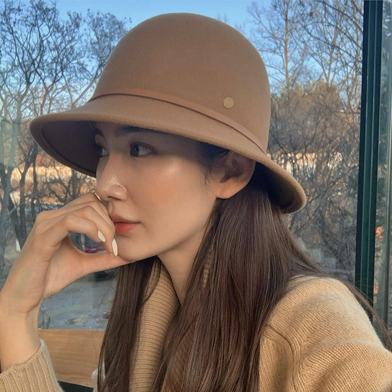 羊毛高端礼帽女式洋气时尚圆顶复古法式赫本显脸小盆帽宽檐渔夫帽