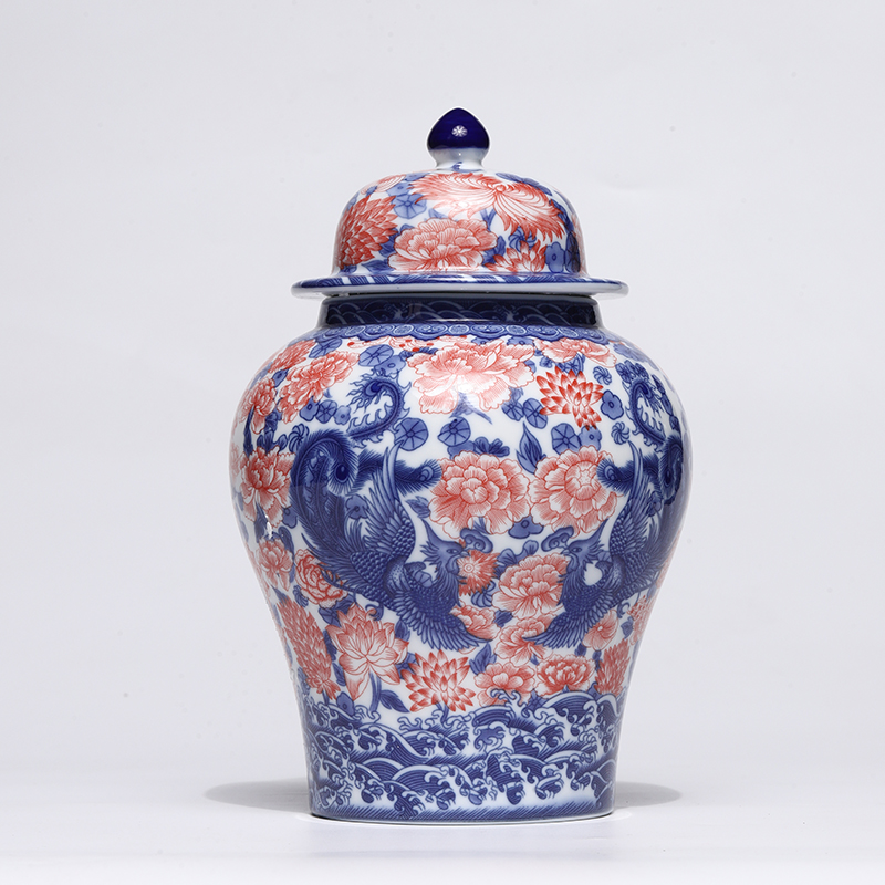 青花釉里红凤穿牡丹中型将军罐茶叶罐 flDC