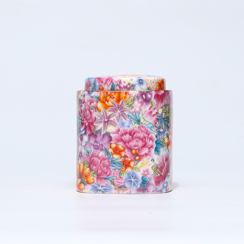 珐琅彩浑四方万花小茶叶罐 瓷器茶叶罐中式储茶罐