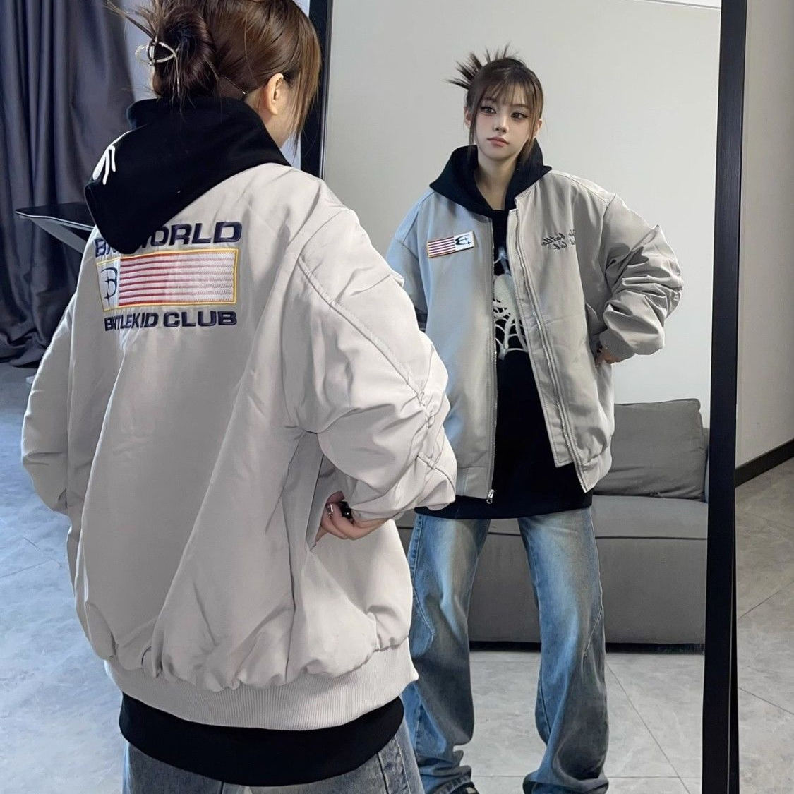 美式国潮旗帜刺绣飞行秋冬款夹棉夹克男女宽松棒球服棉衣加厚外套