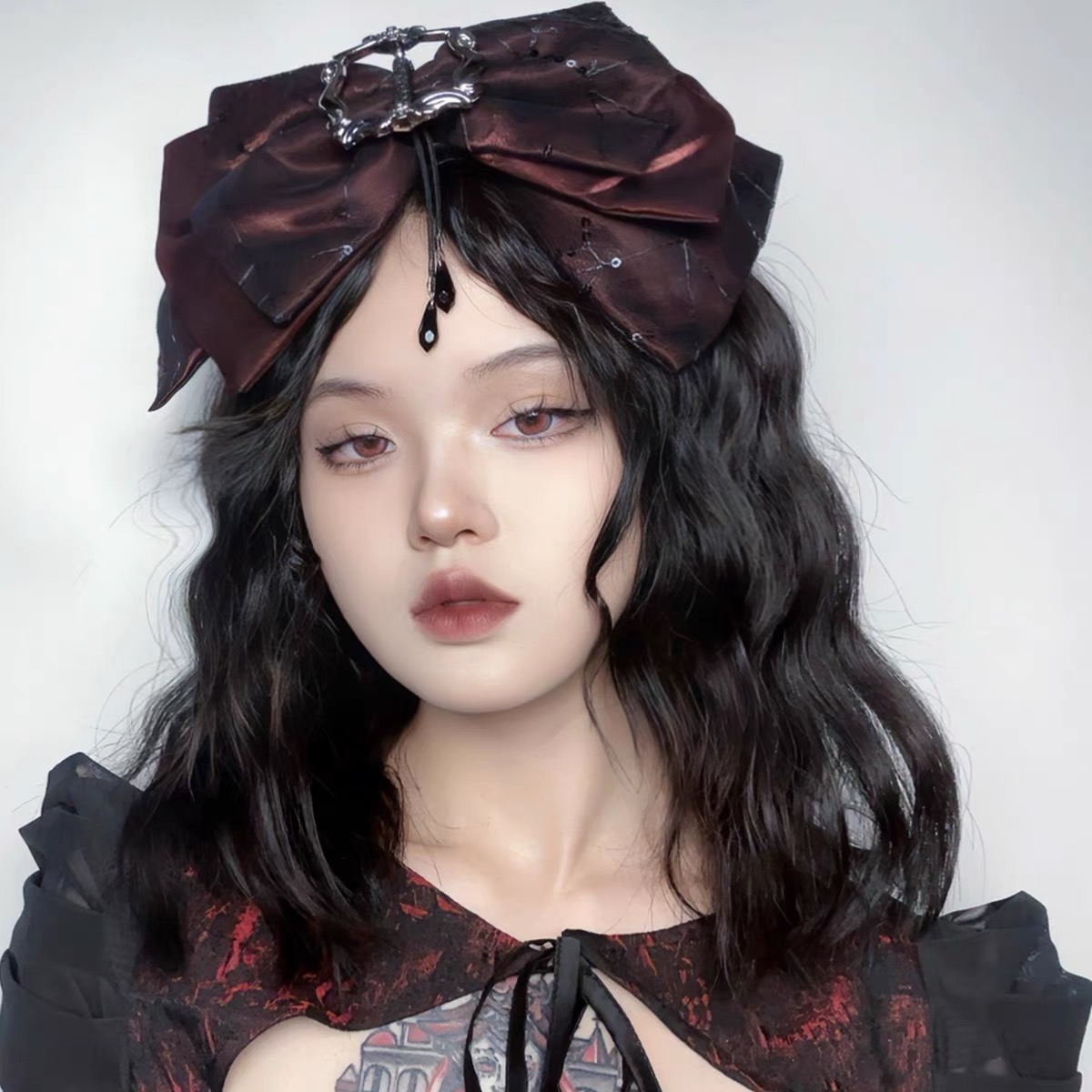 暗黑系哥特小众黑红蛛网蝴蝶结发夹显高颅顶头饰气质超大缎面