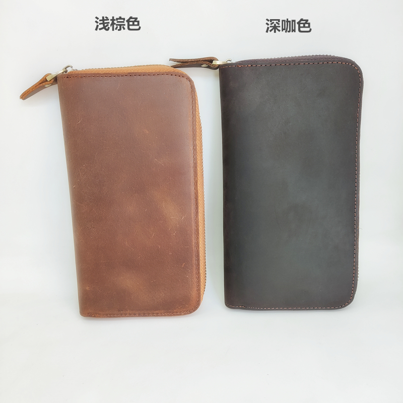 休闲多功能男士真皮钱包疯马牛皮复古长钱包拉链手拿包时尚西装包