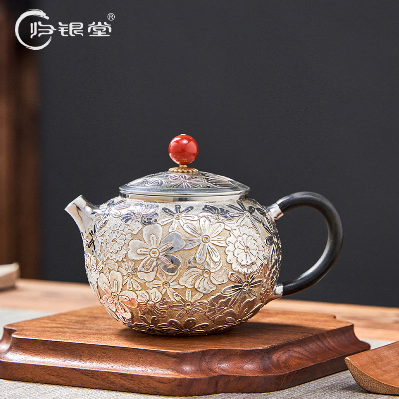 归银堂足银手工泡茶壶百花献瑞高档茶壶家用茶具GS-YPCH230104