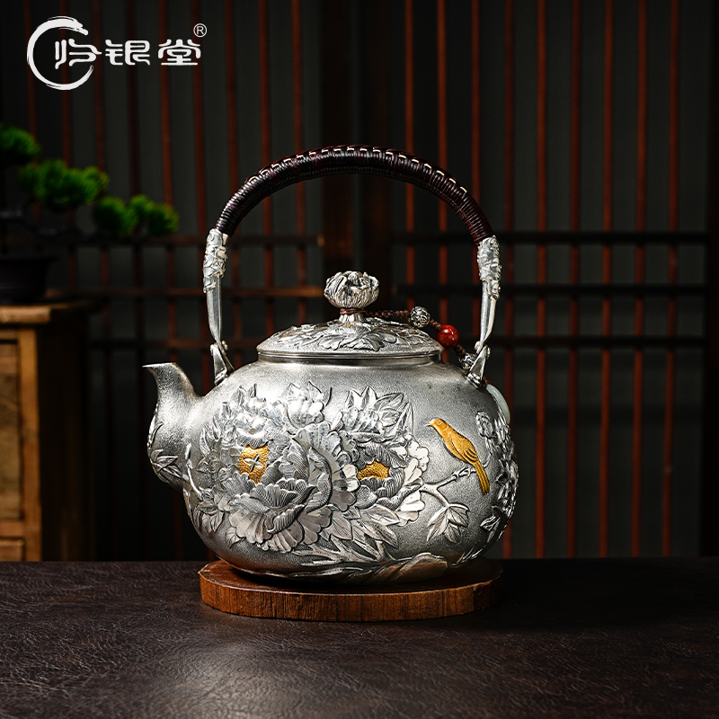 归银堂足银999手工喜鹊牡丹烧水壶中式大容量高工茶具