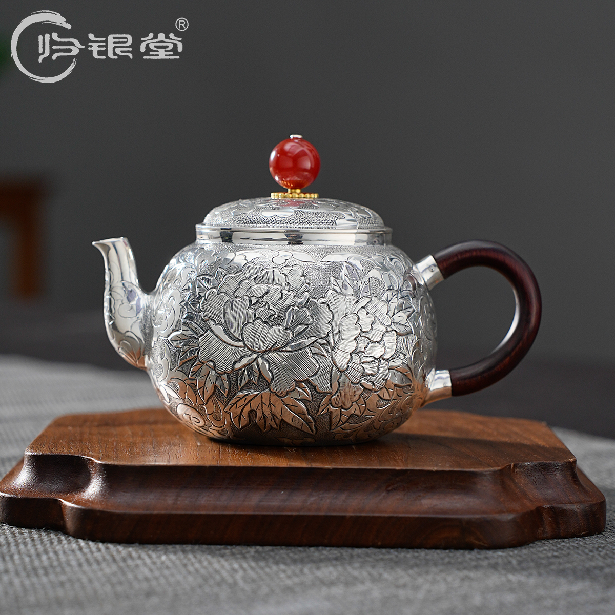 归银堂手工满錾牡丹泡茶壶高工木把复古银茶壶茶具DY-HPCH230602
