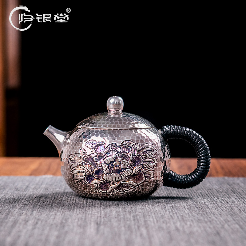 归银堂足银手工泡茶壶亮咖牡丹复古中式煮水茶具泡壶GS-HCH200604