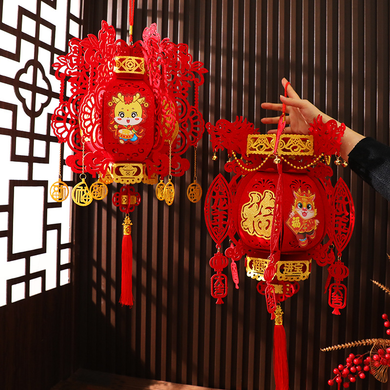 新年灯笼2024龙年新款大红小灯笼植绒无纺布福字春节布置用品宫灯